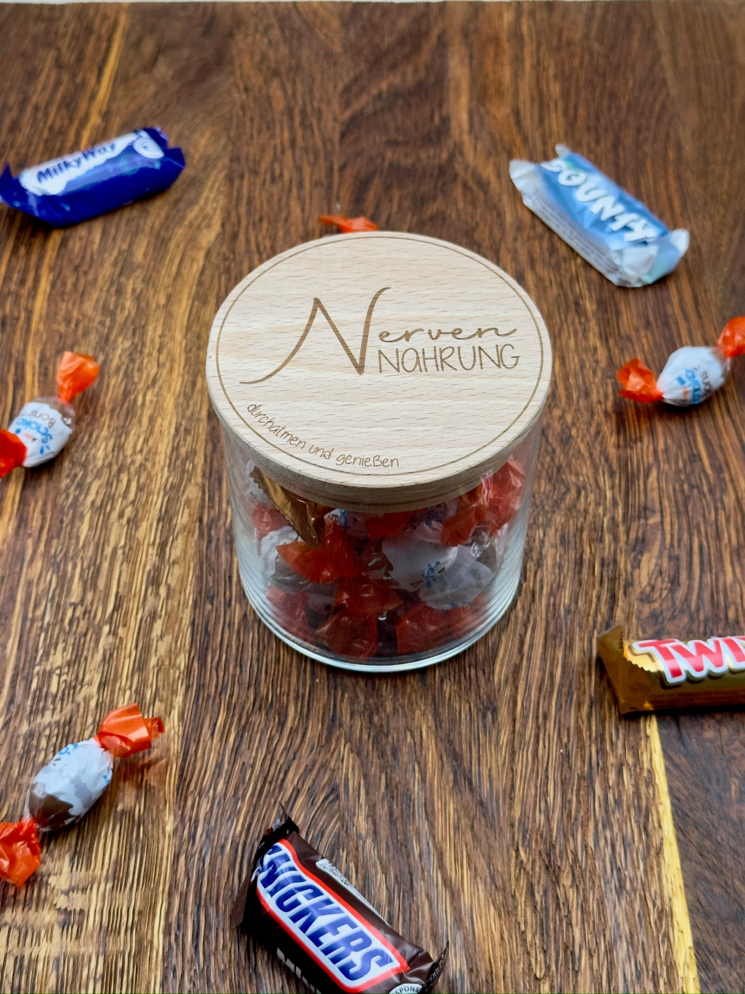 Vorratsglas mit Holzdeckel + personalisierte Gravur in 3 Größen